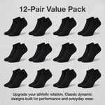 12 pairs of black ankle socks in a value pack on a light gray background.