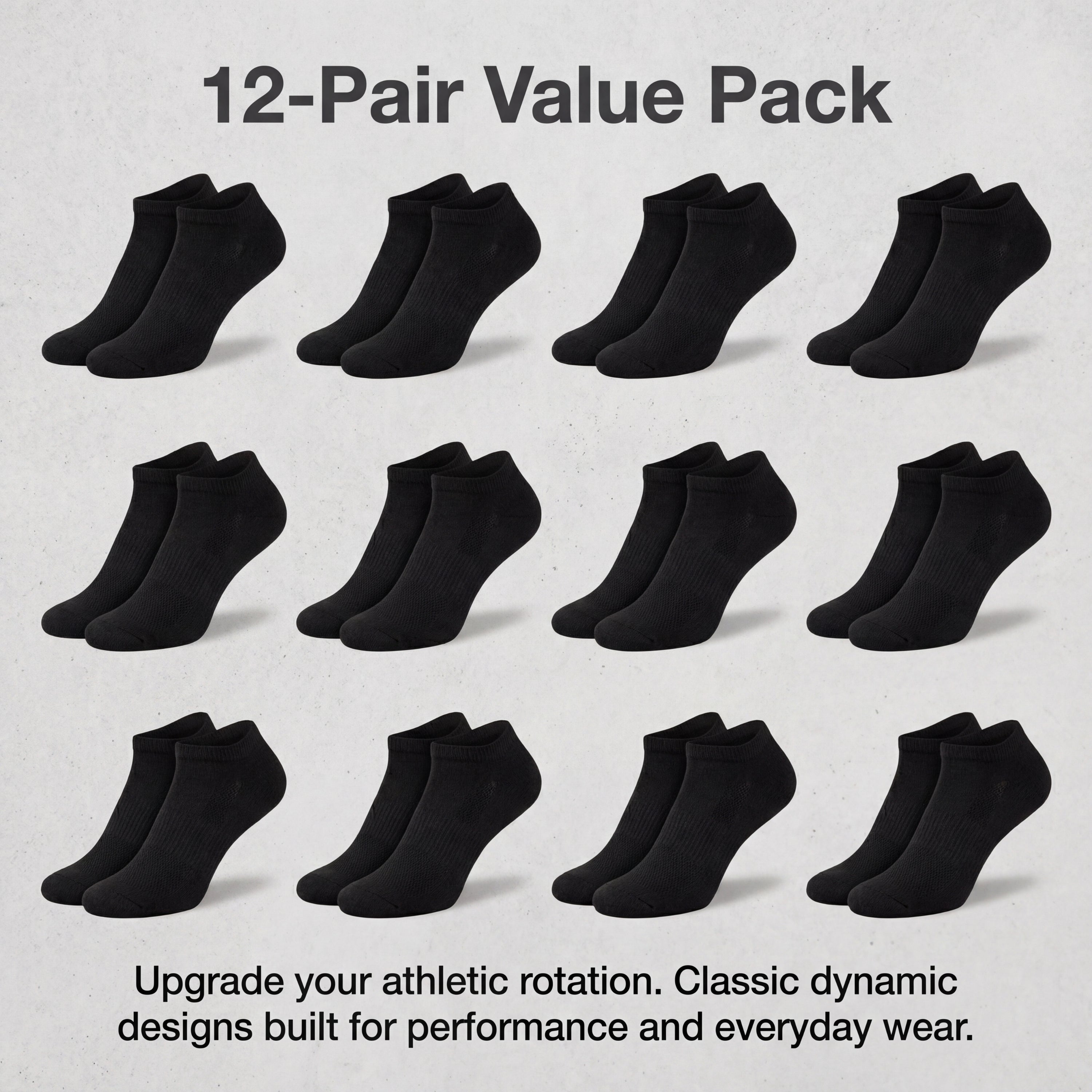 12 pairs of black ankle socks in a value pack on a light gray background.