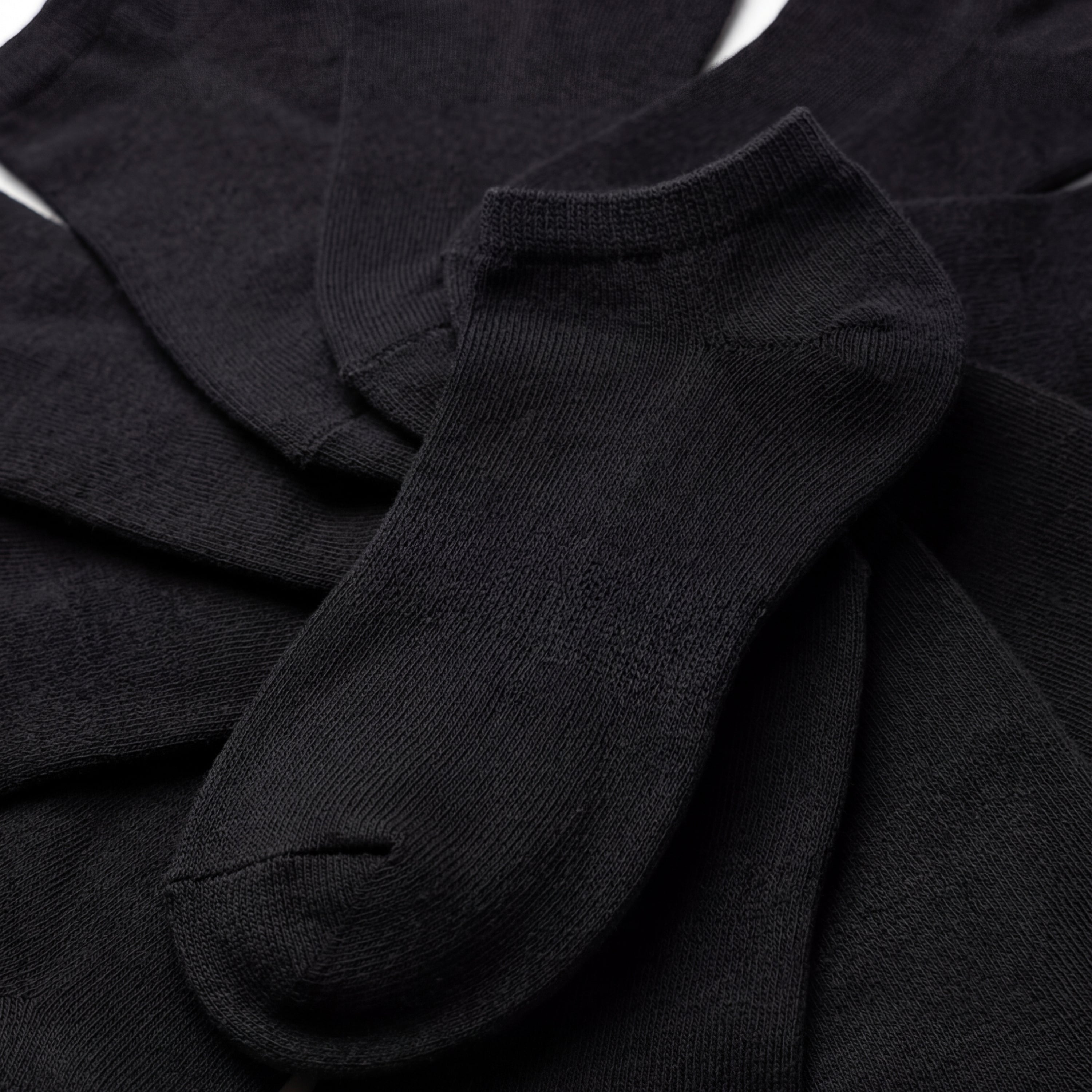 Stack of black ankle socks on a white background