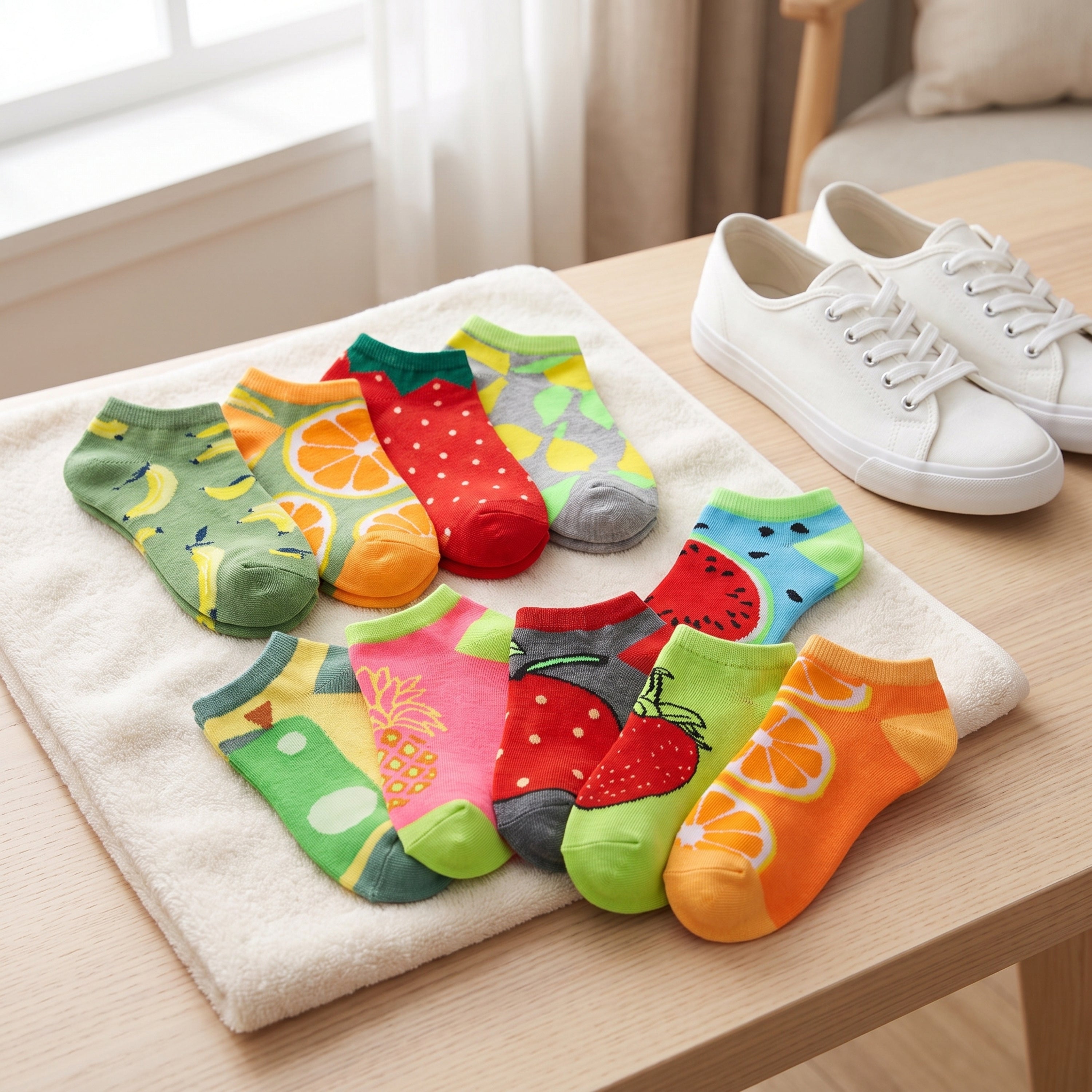 A set of colorful low-cut socks with fruit prints (mango, orange, red strawberry, watermelon, pineapple, and green banana patterns) arranged on a white towel on a wooden table next to a pair of white canvas sneakers.