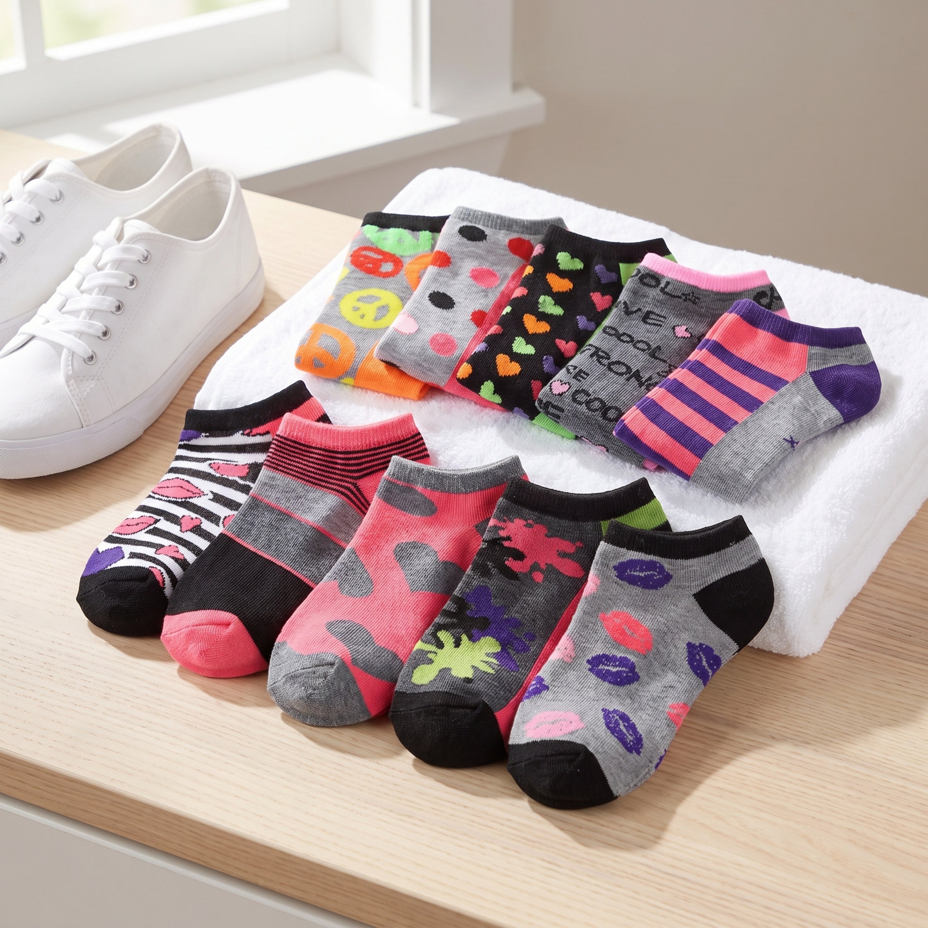 A set of colorful low-cut socks arranged on a white towel on a light wood table, next to a pair of white sneakers. The socks feature various patterns including stripes, hearts, smiley faces, and text.