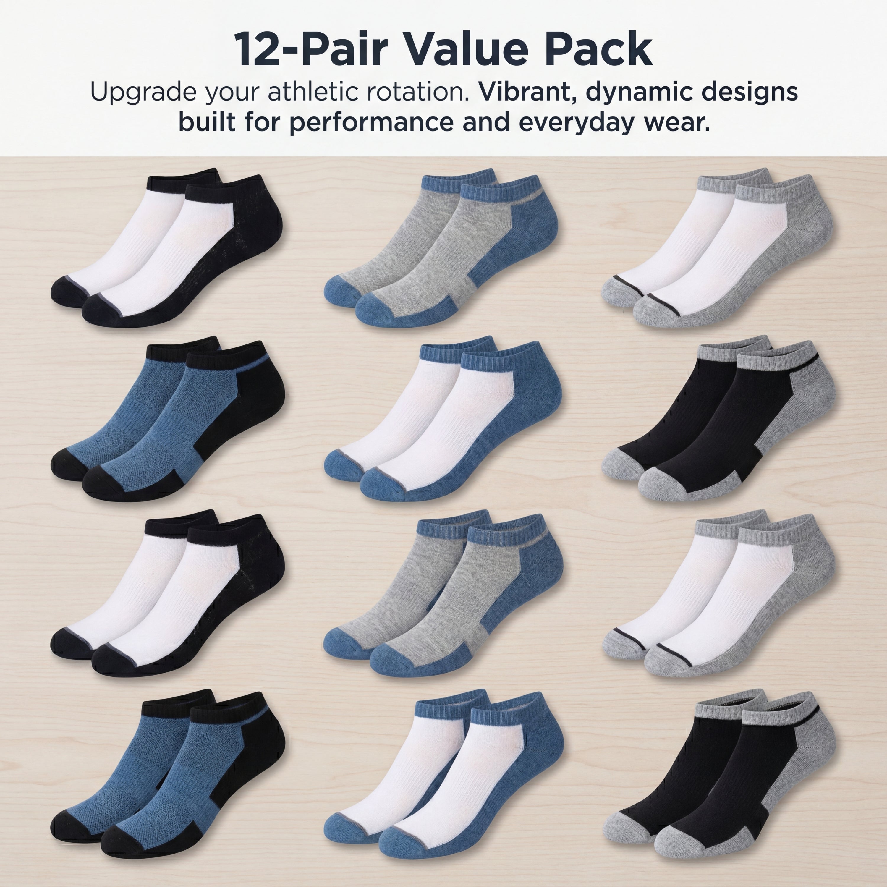 12-pack of ankle socks in various colors on a beige background