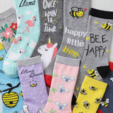 Bee Happy & Llama Patterns Socks - 12 Pairs