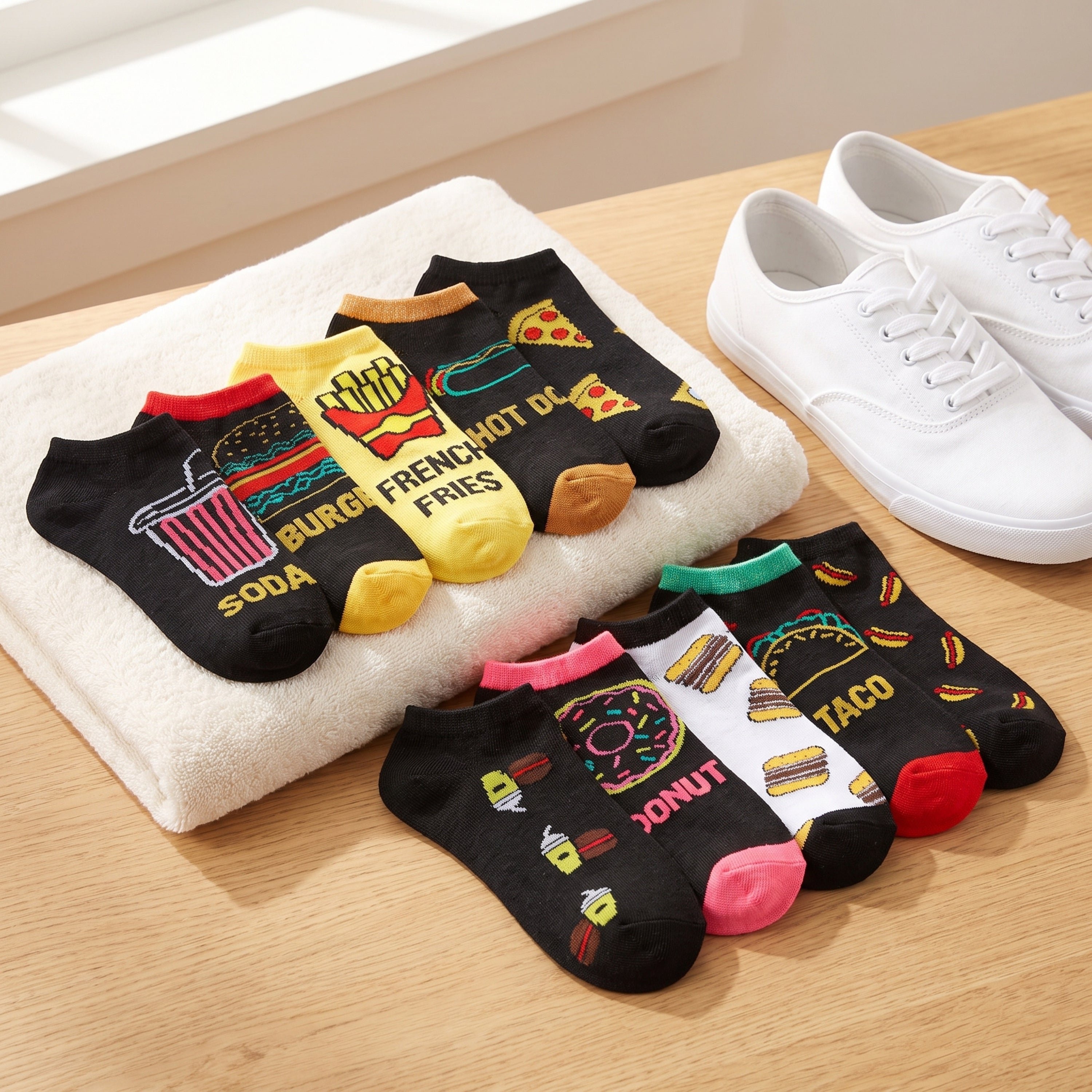 Five pairs of novelty black socks with colorful fast-food and snack graphics are arranged on a white towel on a wooden table, next to a pair of white sneakers.