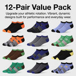 12-pair value pack of colorful socks on a white background with text about athletic rotation and performance.