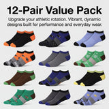 12-pair value pack of colorful socks on a white background with text about athletic rotation and performance.