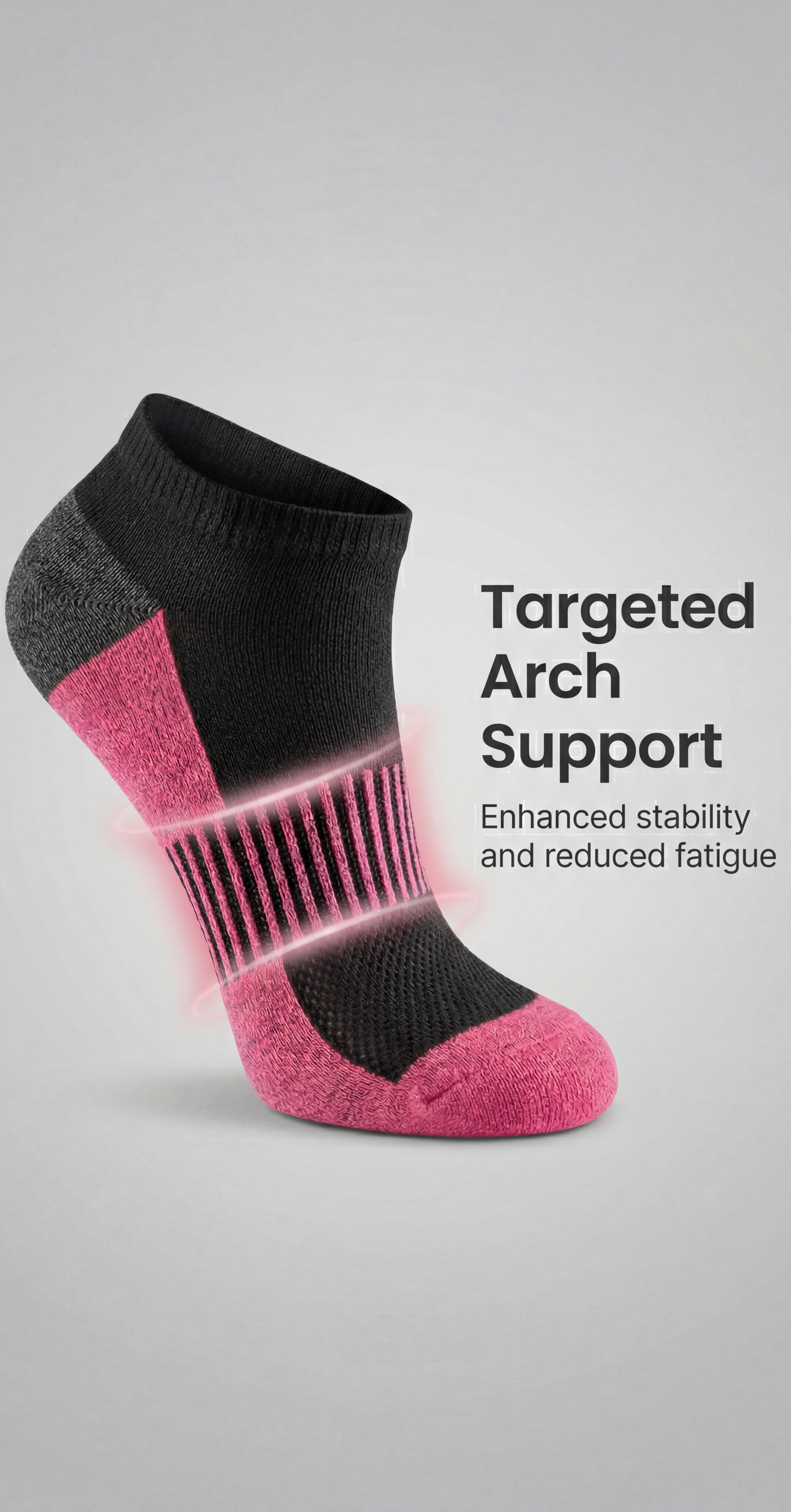 Black and pink sock with targeted arch support on a light gray background