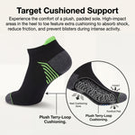 Black sock with green accents on a white background, featuring text about cushioned support.
