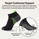 Black sock with green accents on a white background, featuring text about cushioned support.