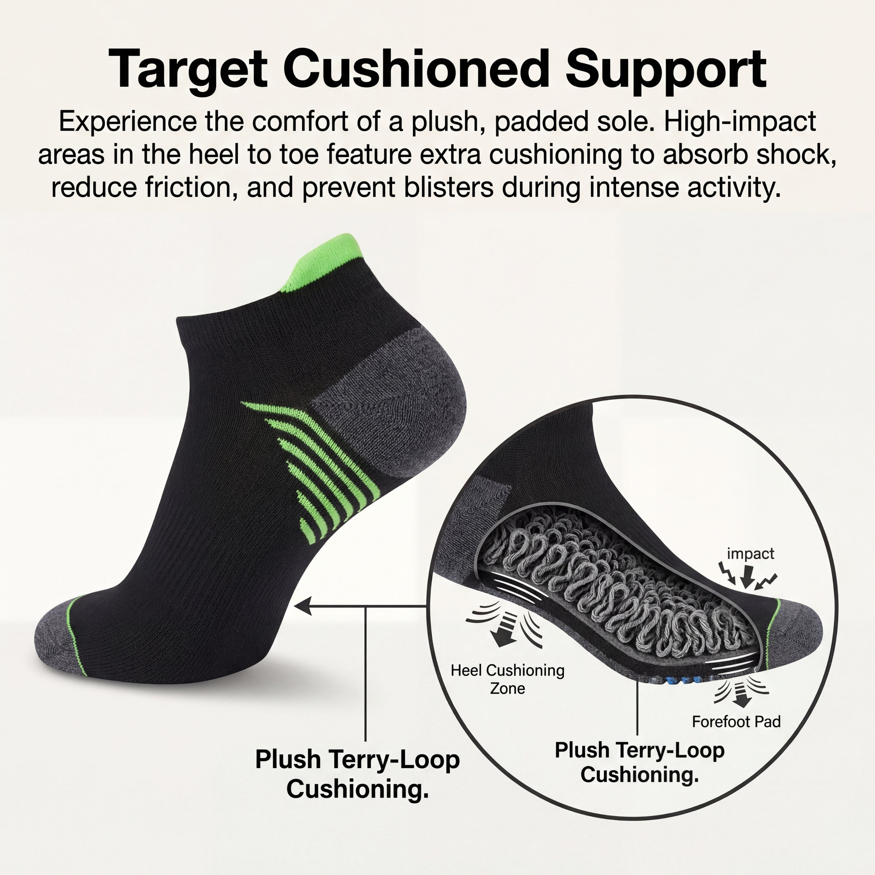 Black sock with green accents on a white background, featuring text about cushioned support.