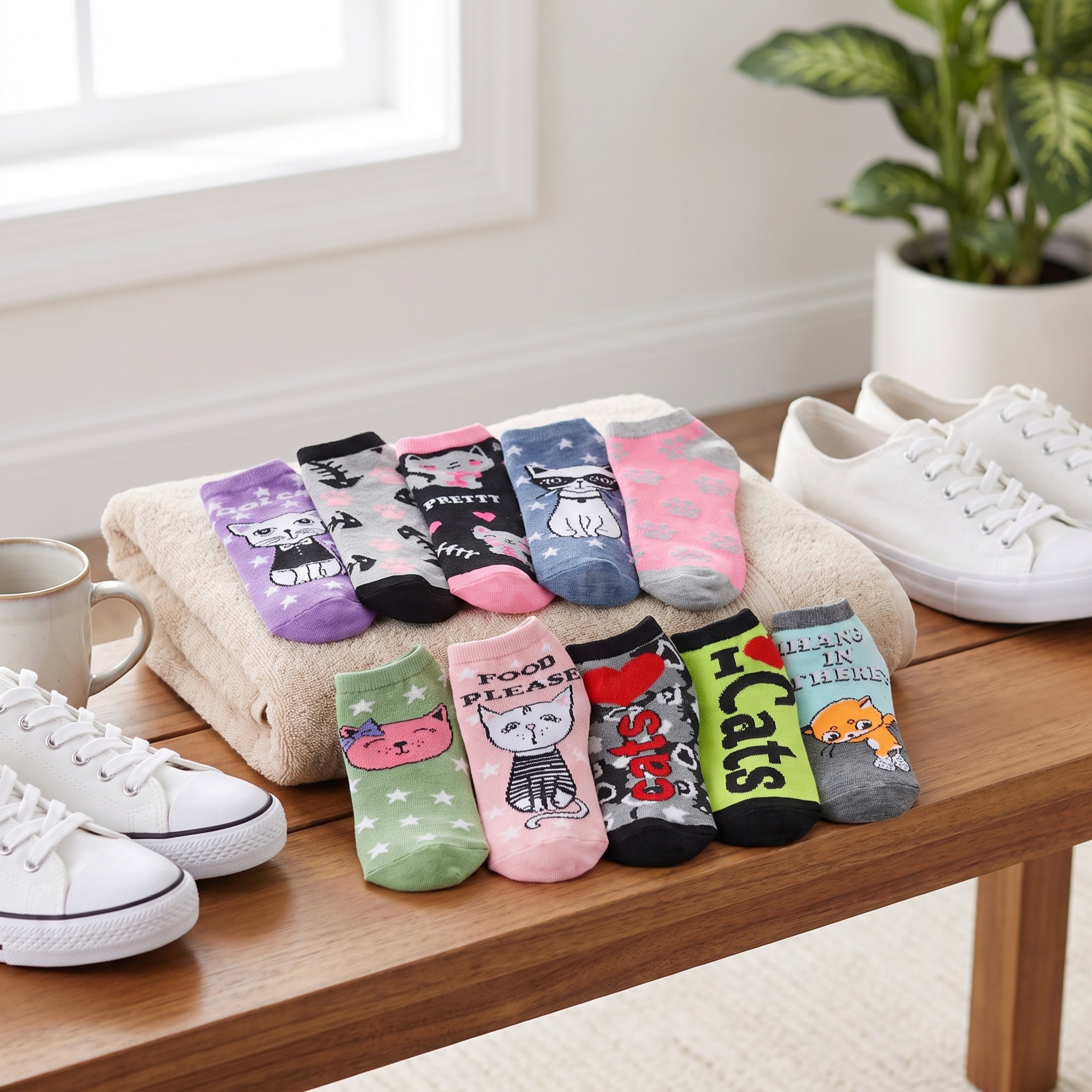 A set of ten colorful cat-themed ankle socks arranged on a beige towel and wooden table, styled with white sneakers, a mug, and a potted plant in a bright indoor setting.