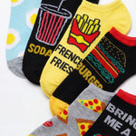 Set of colorful socks with fast food-themed designs on a white background