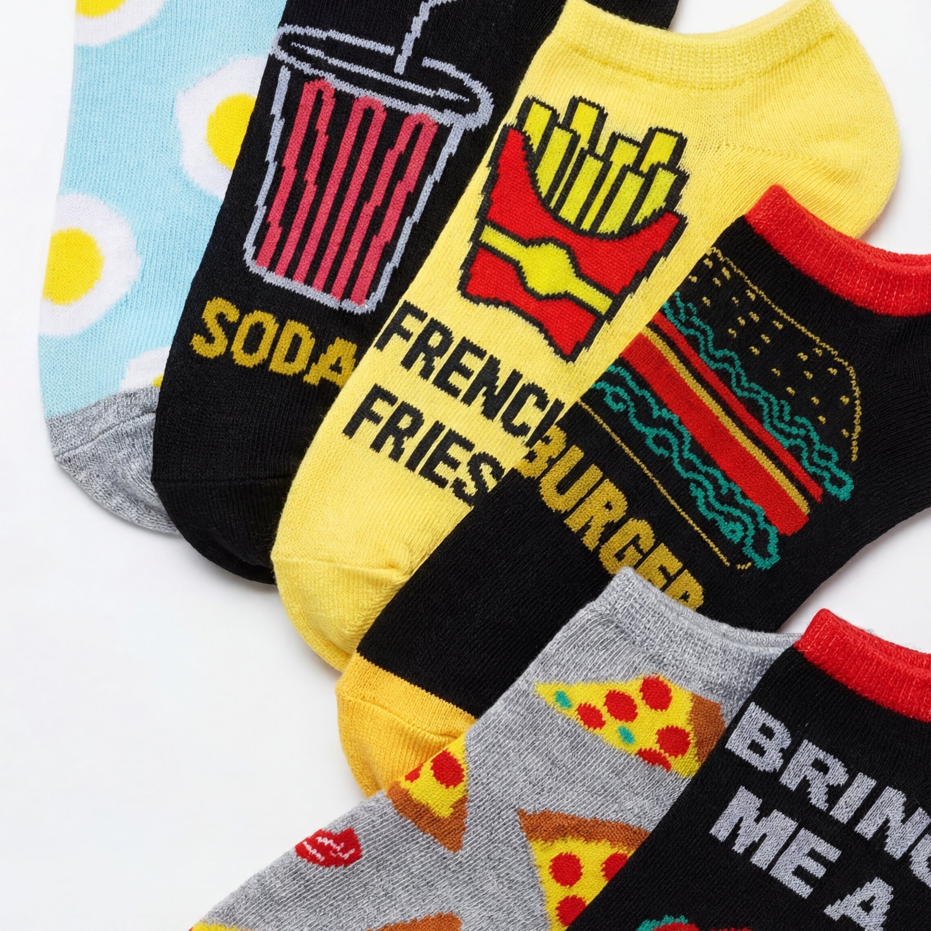 Set of colorful socks with fast food-themed designs on a white background