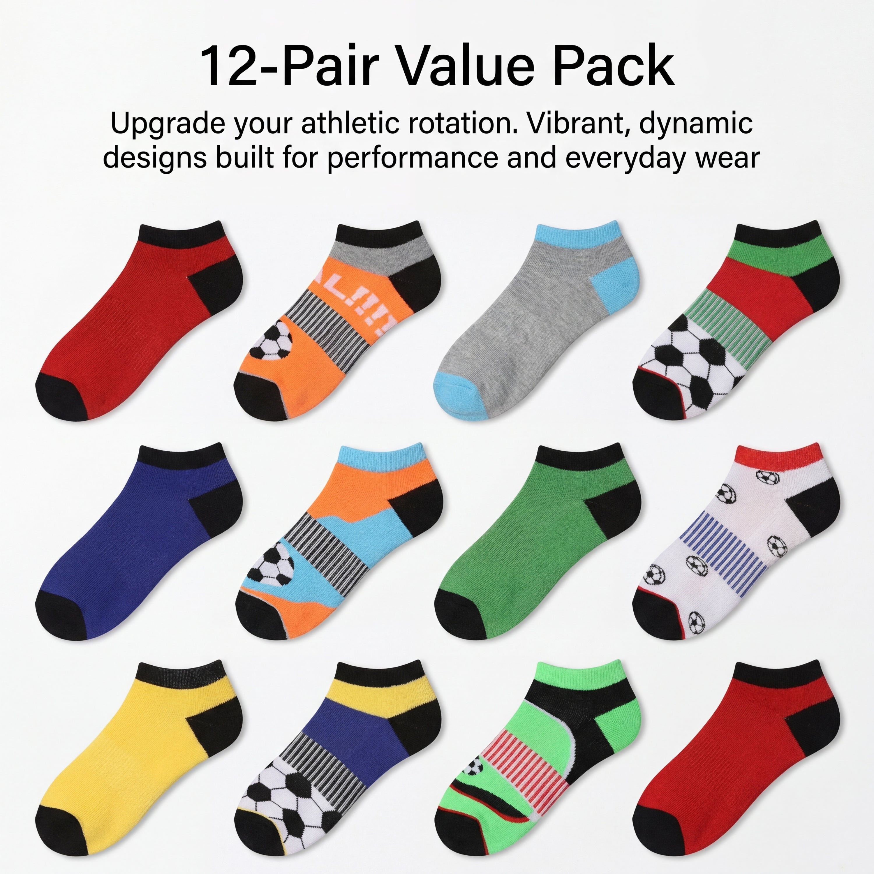 12 pairs of colorful socks in a value pack on a white background
