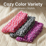 Three knitted socks in pink, black, and purple on a textured surface with 'Cozy Color Variety' text.