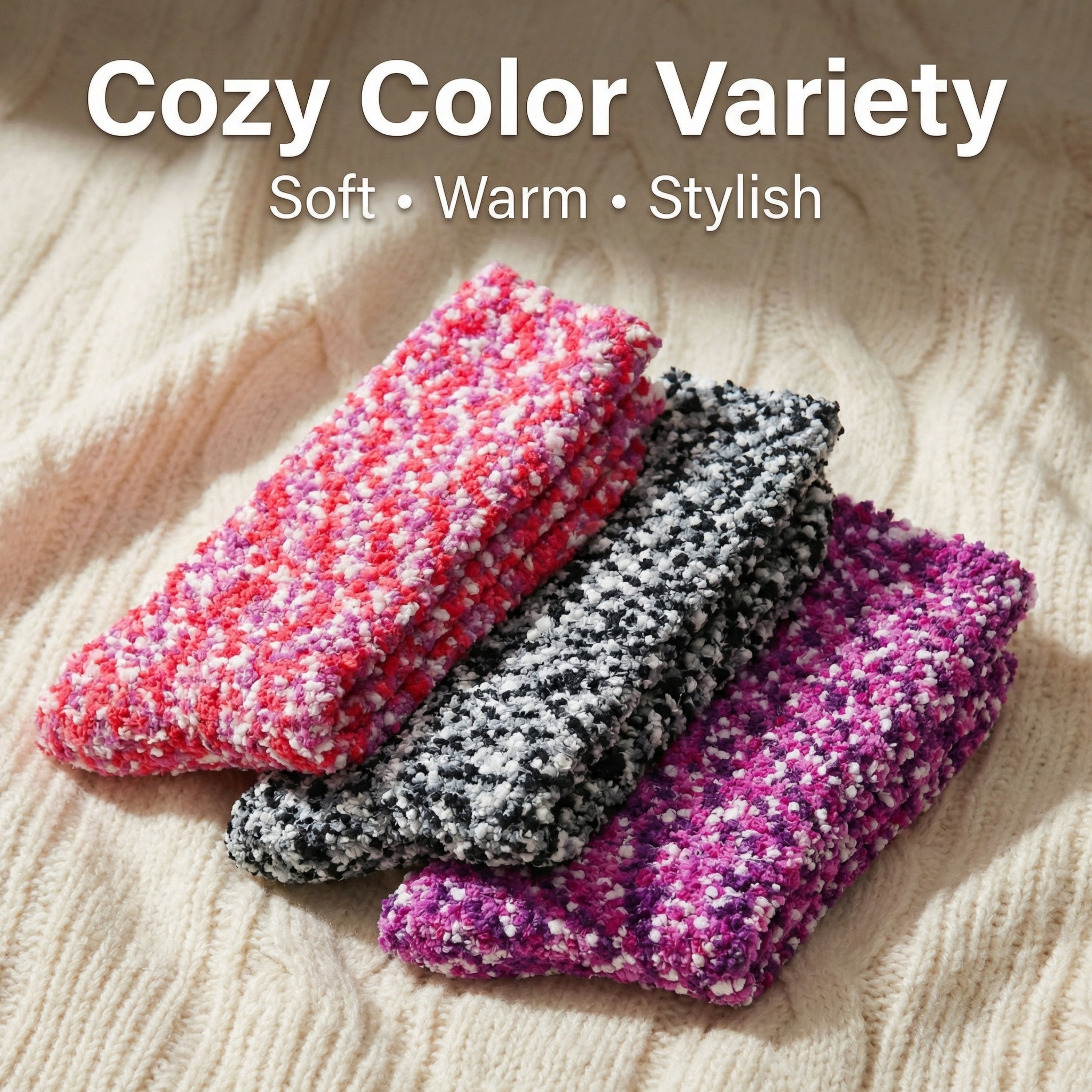 Three knitted socks in pink, black, and purple on a textured surface with 'Cozy Color Variety' text.