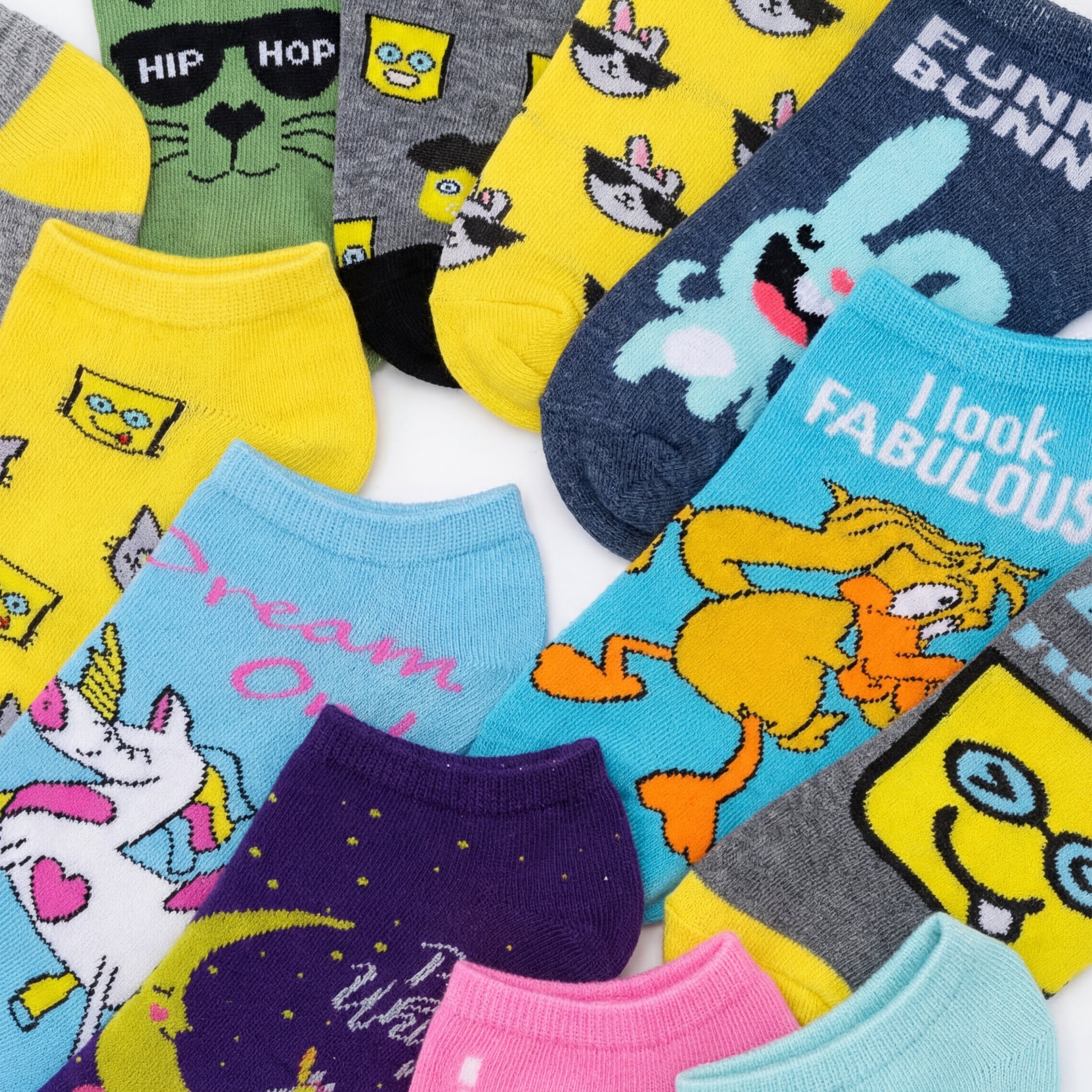 Collection of colorful socks with various designs on a white background