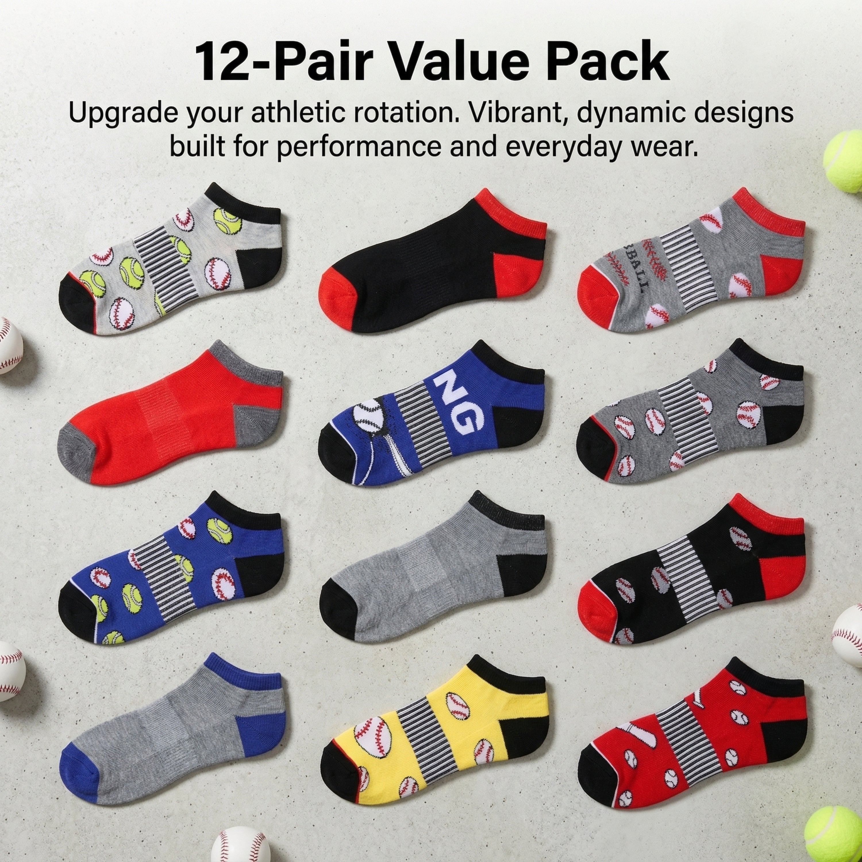 12-pair value pack of colorful socks on a light gray background with sports-themed designs.