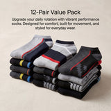 Stack of 12 pairs of colorful ankle socks on a beige background with text about performance socks.