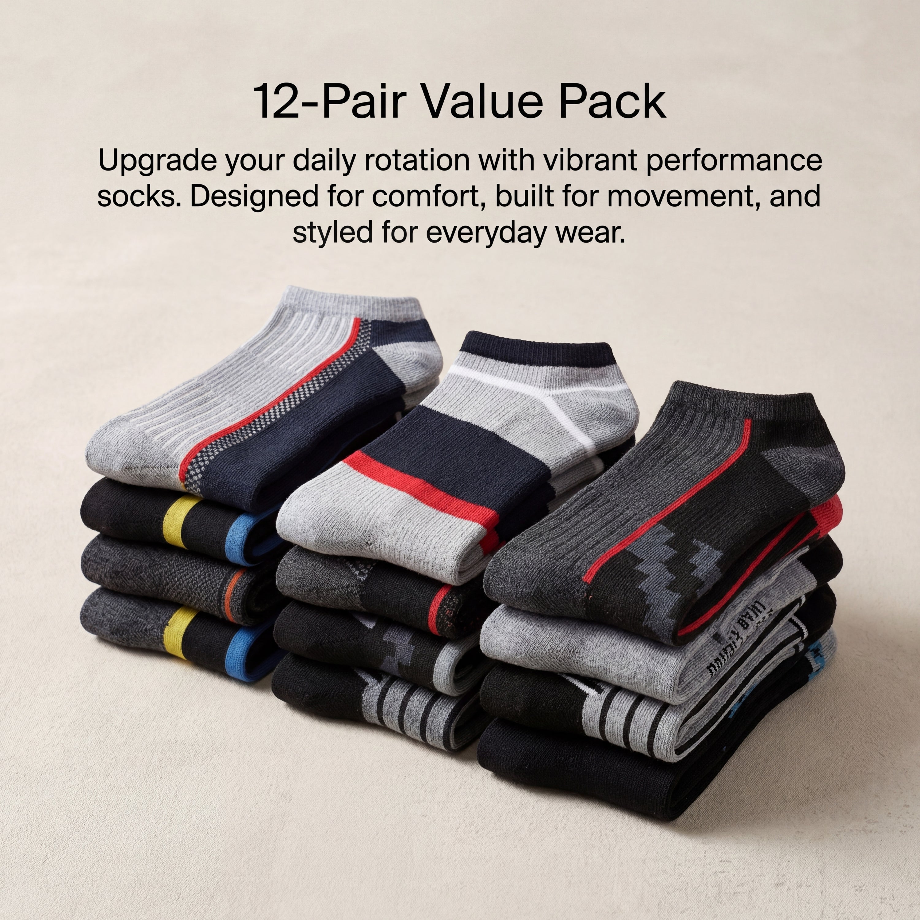 Stack of 12 pairs of colorful ankle socks on a beige background with text about performance socks.