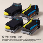 Stacks of colorful ankle socks with text describing a 12-pair value pack.