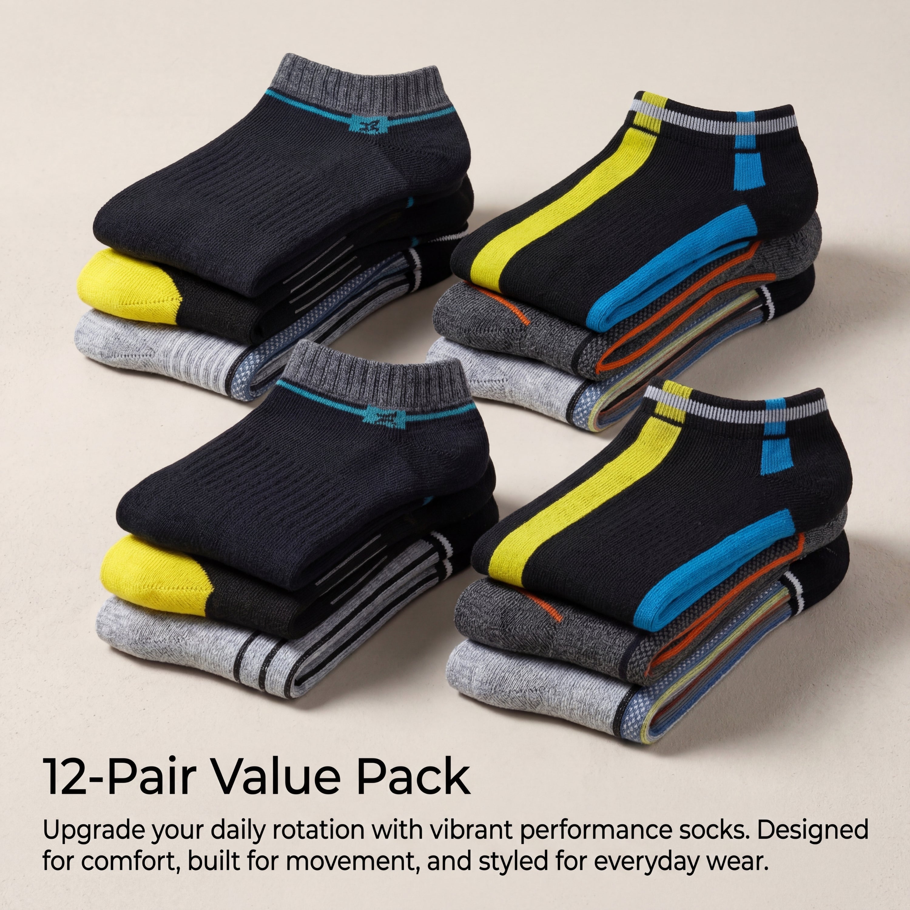Stacks of colorful ankle socks with text describing a 12-pair value pack.