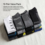 12-pack of colorful socks on a light background with text describing the product.