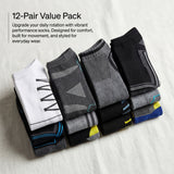 12-pack of colorful socks on a light background with text describing the product.