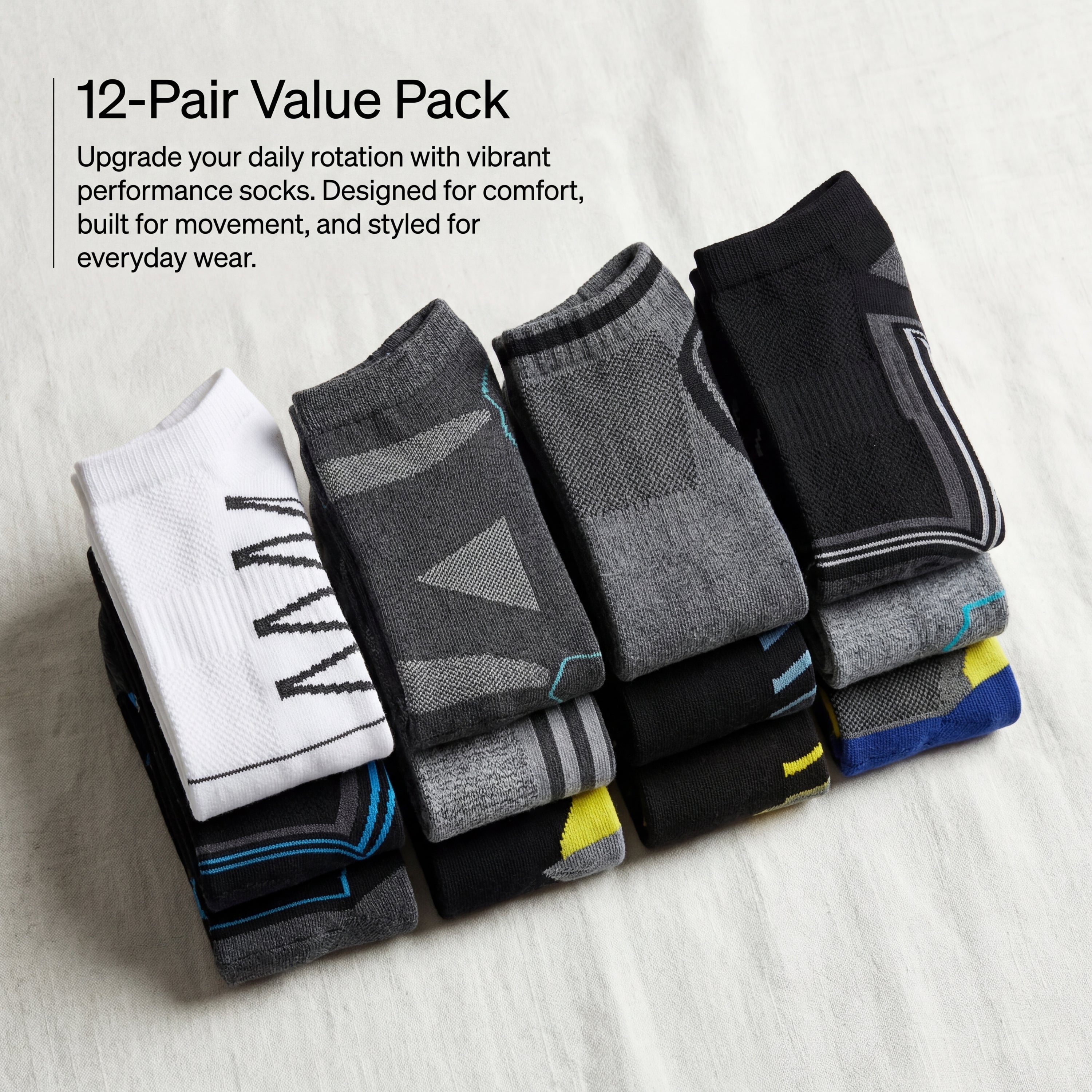 12-pack of colorful socks on a light background with text describing the product.