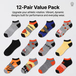 12-pack of colorful socks with various designs on a light gray background.