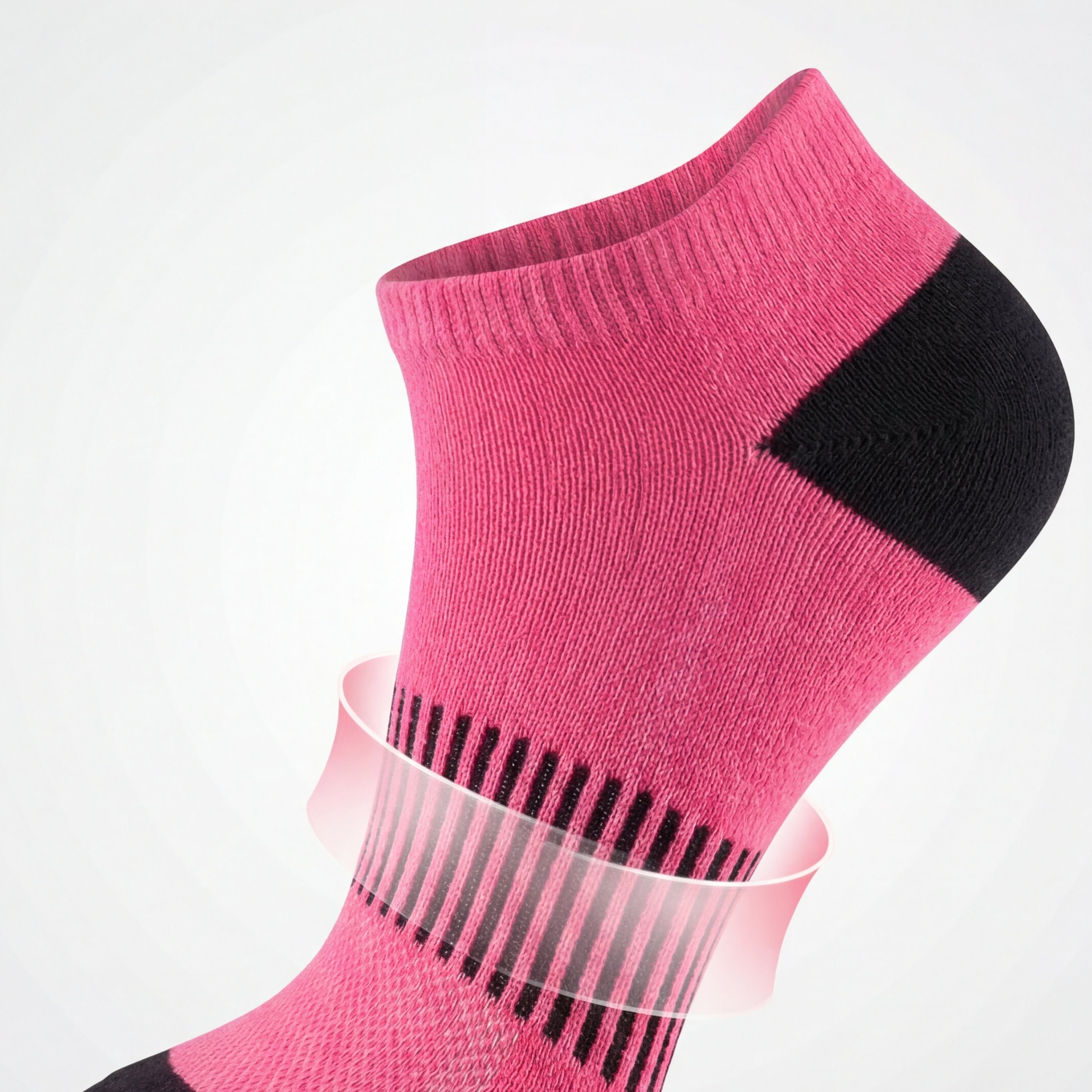 Pink ankle sock with black accents on a light gray background, highlighting targeted arch support.