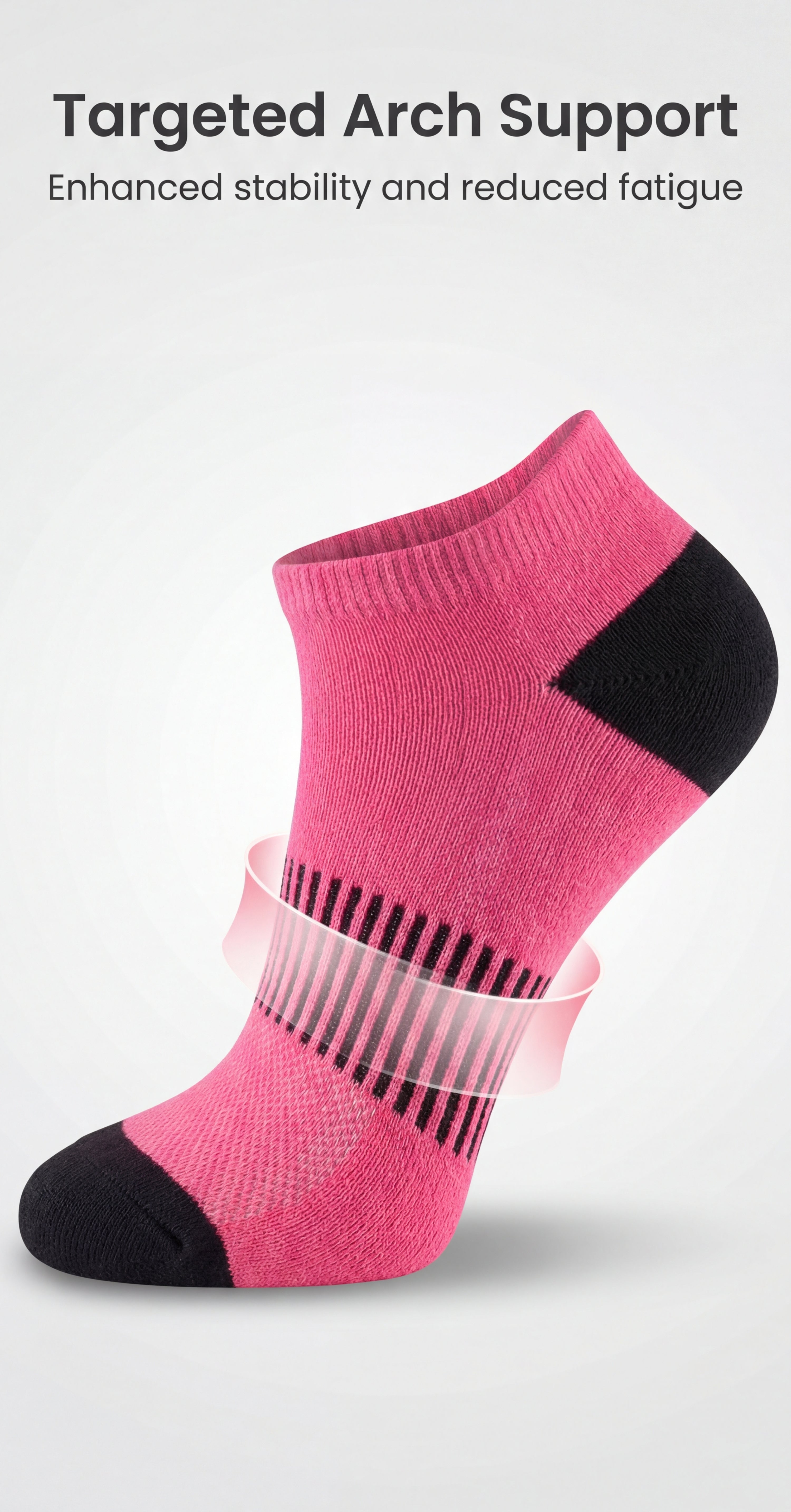 Pink ankle sock with black accents on a light gray background, highlighting targeted arch support.