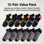 12-pack of colorful ankle socks on a light gray background with text about performance and everyday wear.