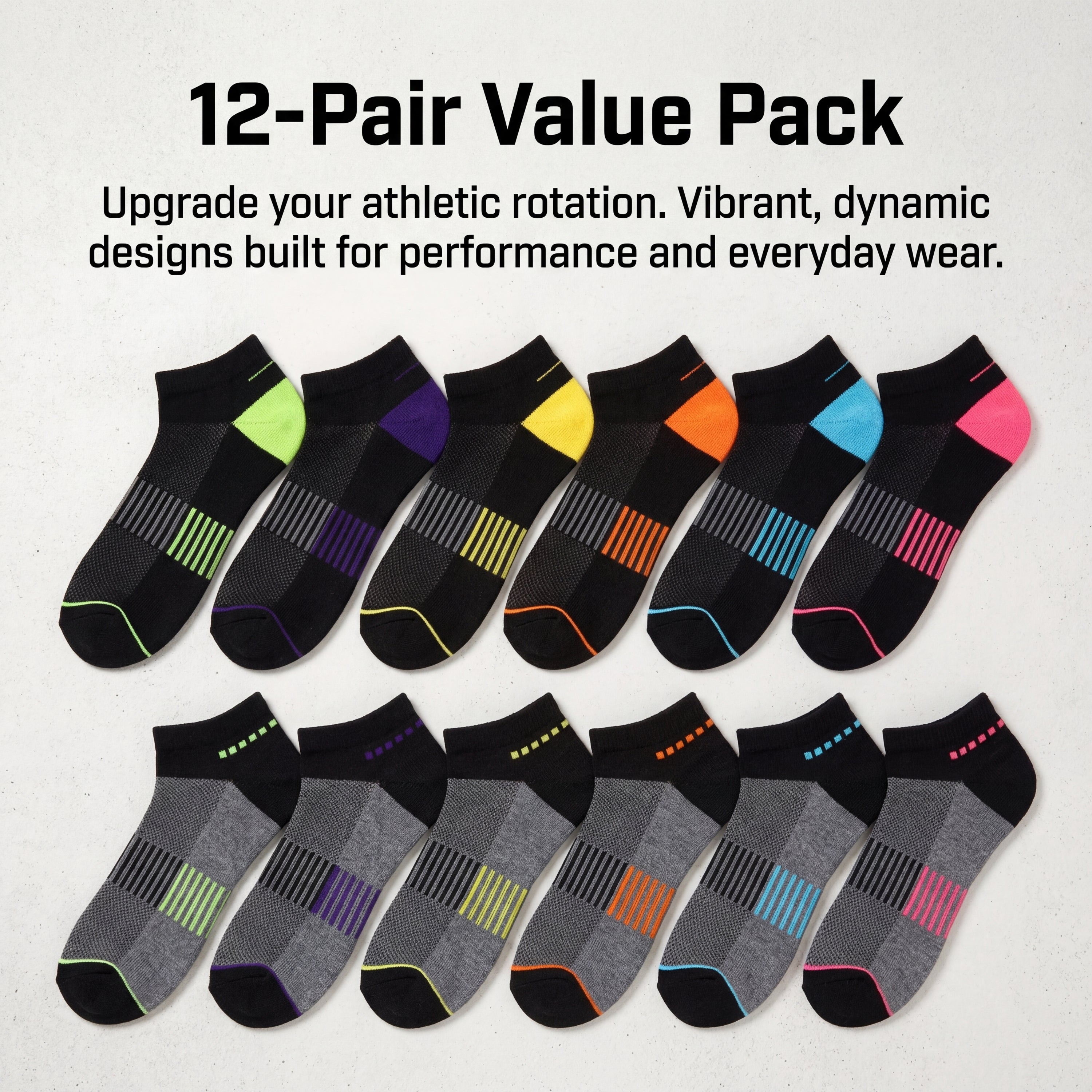12-pack of colorful ankle socks on a light gray background with text about performance and everyday wear.