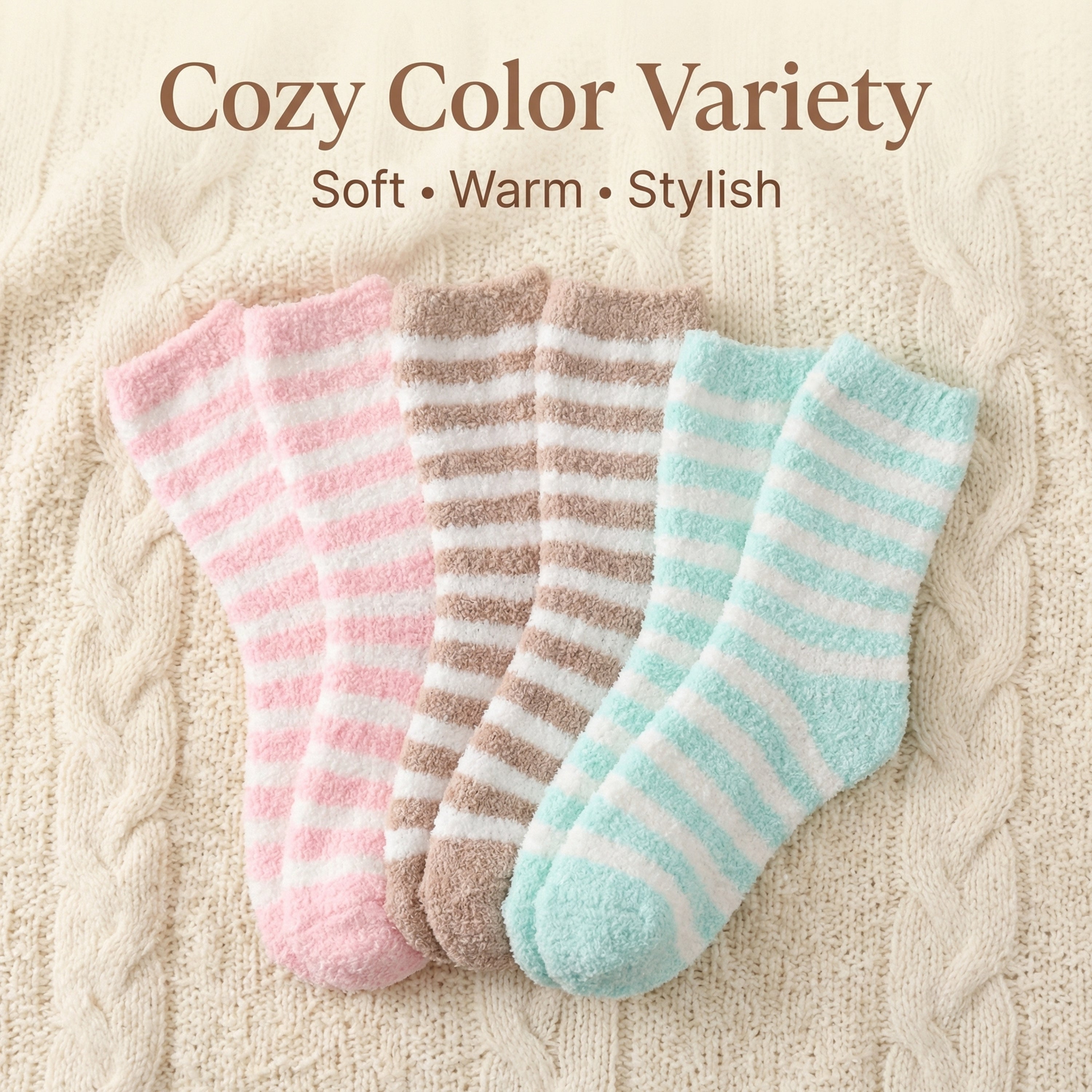 Three pairs of striped socks in pink, brown, and blue on a textured surface with 'Cozy Color Variety' text.