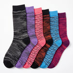 Six pairs of crew socks arranged in a fan shape on a white background, featuring marled stripe patterns in black/gray, purple, coral pink, black/orange, light blue, and dark magenta.