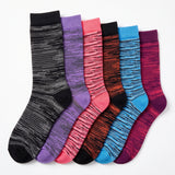 Six pairs of crew socks arranged in a fan shape on a white background, featuring marled stripe patterns in black/gray, purple, coral pink, black/orange, light blue, and dark magenta.