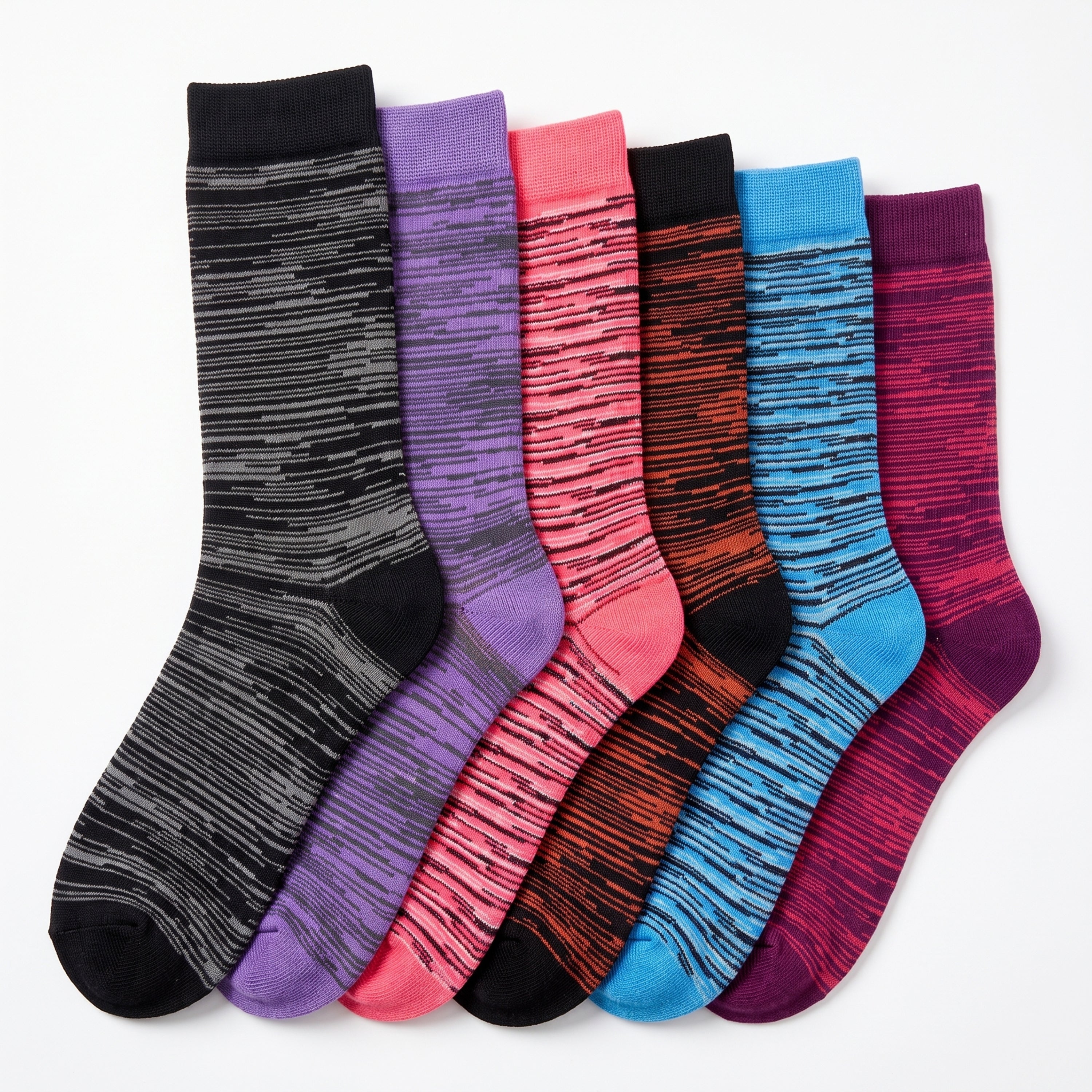 Six pairs of crew socks arranged in a fan shape on a white background, featuring marled stripe patterns in black/gray, purple, coral pink, black/orange, light blue, and dark magenta.