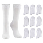 White crew socks shown on a clean white background, with two socks displayed as a pair on the left and nine additional single socks arranged in a grid on the right.