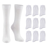 White crew socks shown on a clean white background, with two socks displayed as a pair on the left and nine additional single socks arranged in a grid on the right.