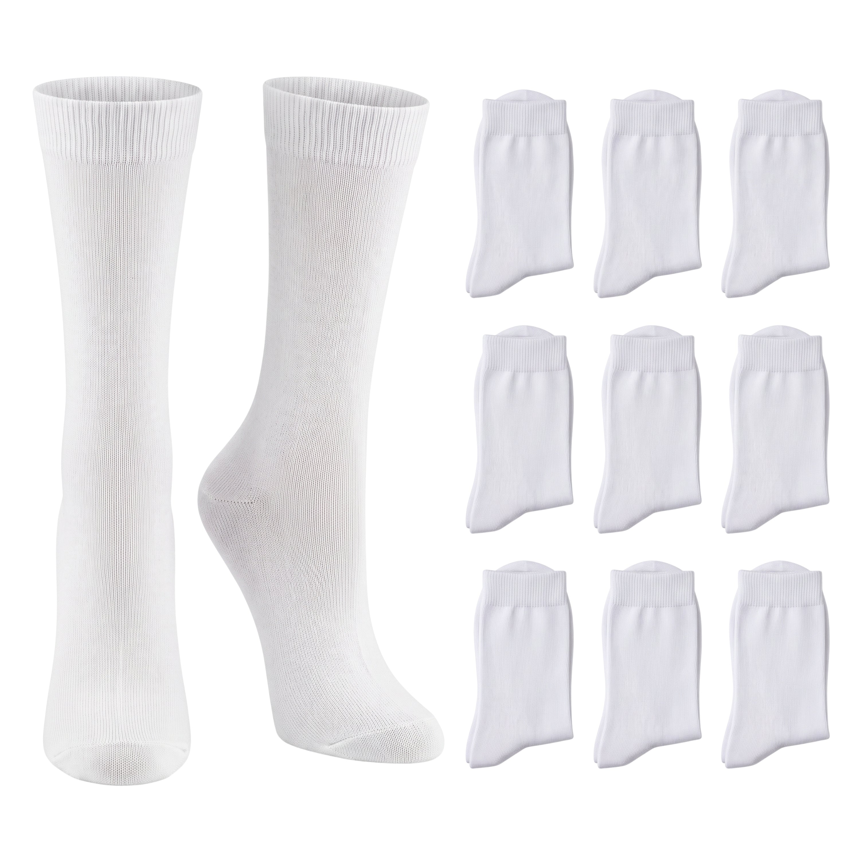 White crew socks shown on a clean white background, with two socks displayed as a pair on the left and nine additional single socks arranged in a grid on the right.