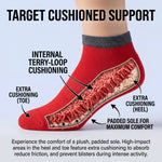 Red sock with internal terry-loop cushioning and labeled features on a light blue background