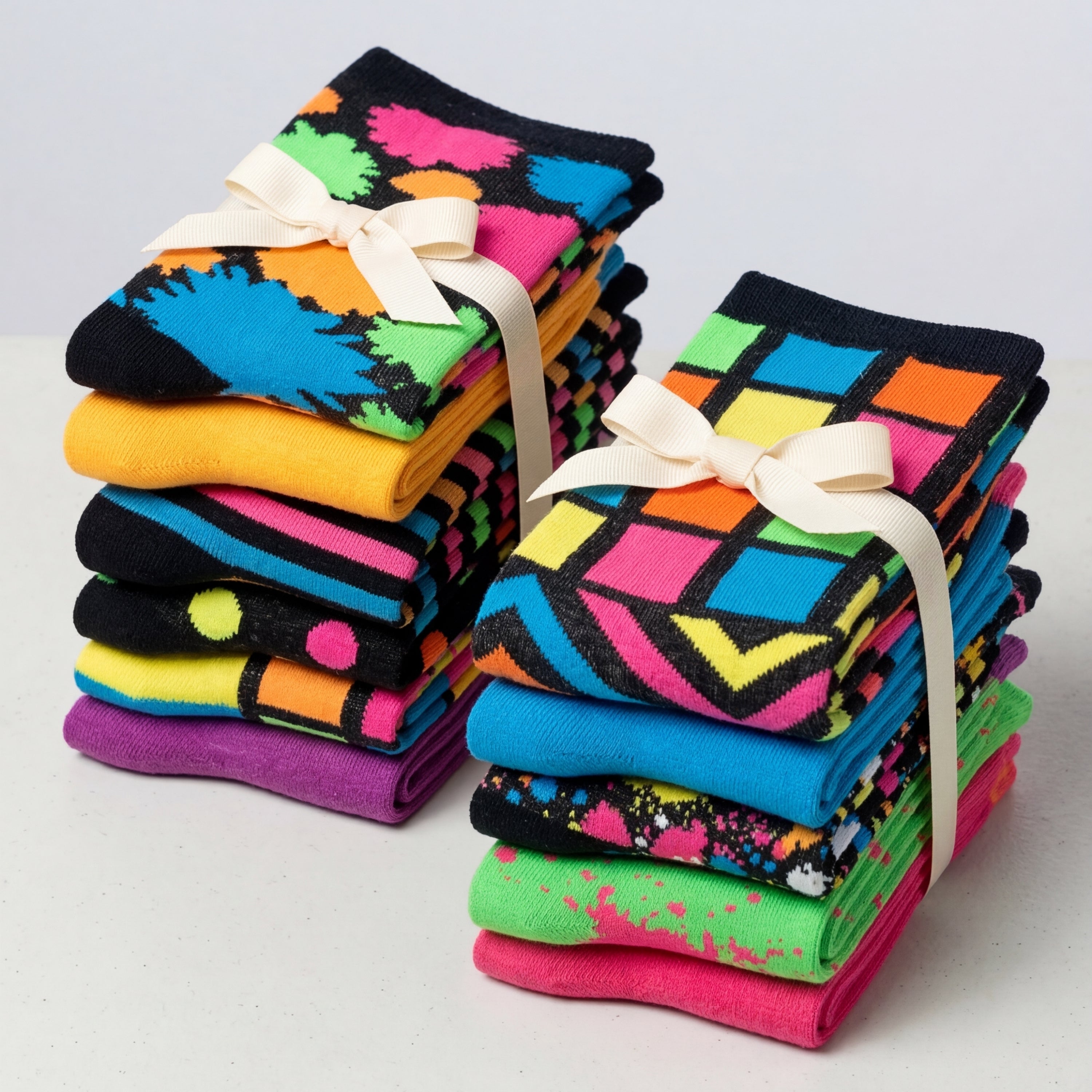 Stacks of colorful patterned socks with ribbons on a light gray background