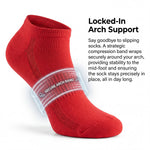 Red ankle sock with arch support feature on a white background