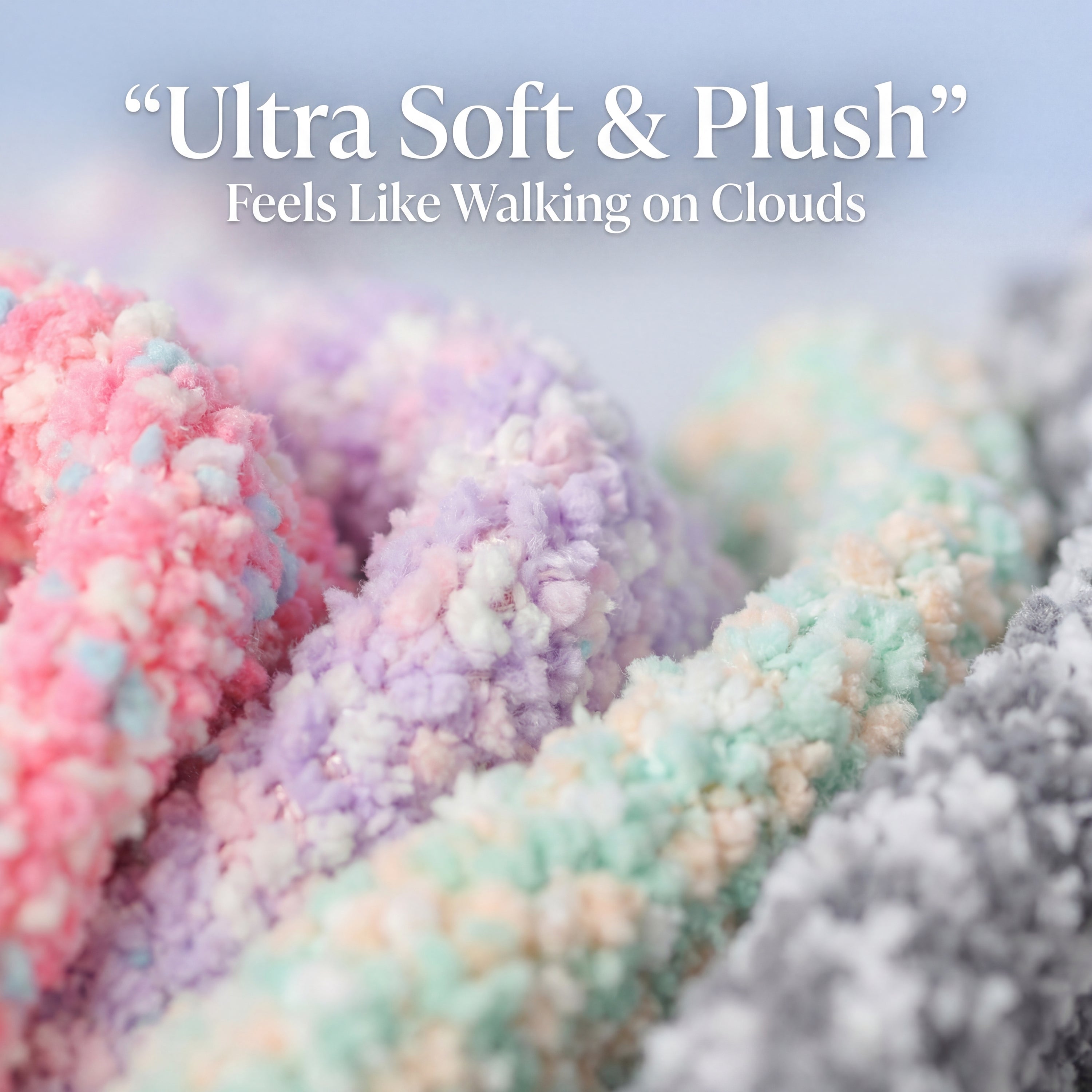 Pastel-colored soft and fluffy material with text 'Ultra Soft & Plush' and 'Feels Like Walking on Clouds'.