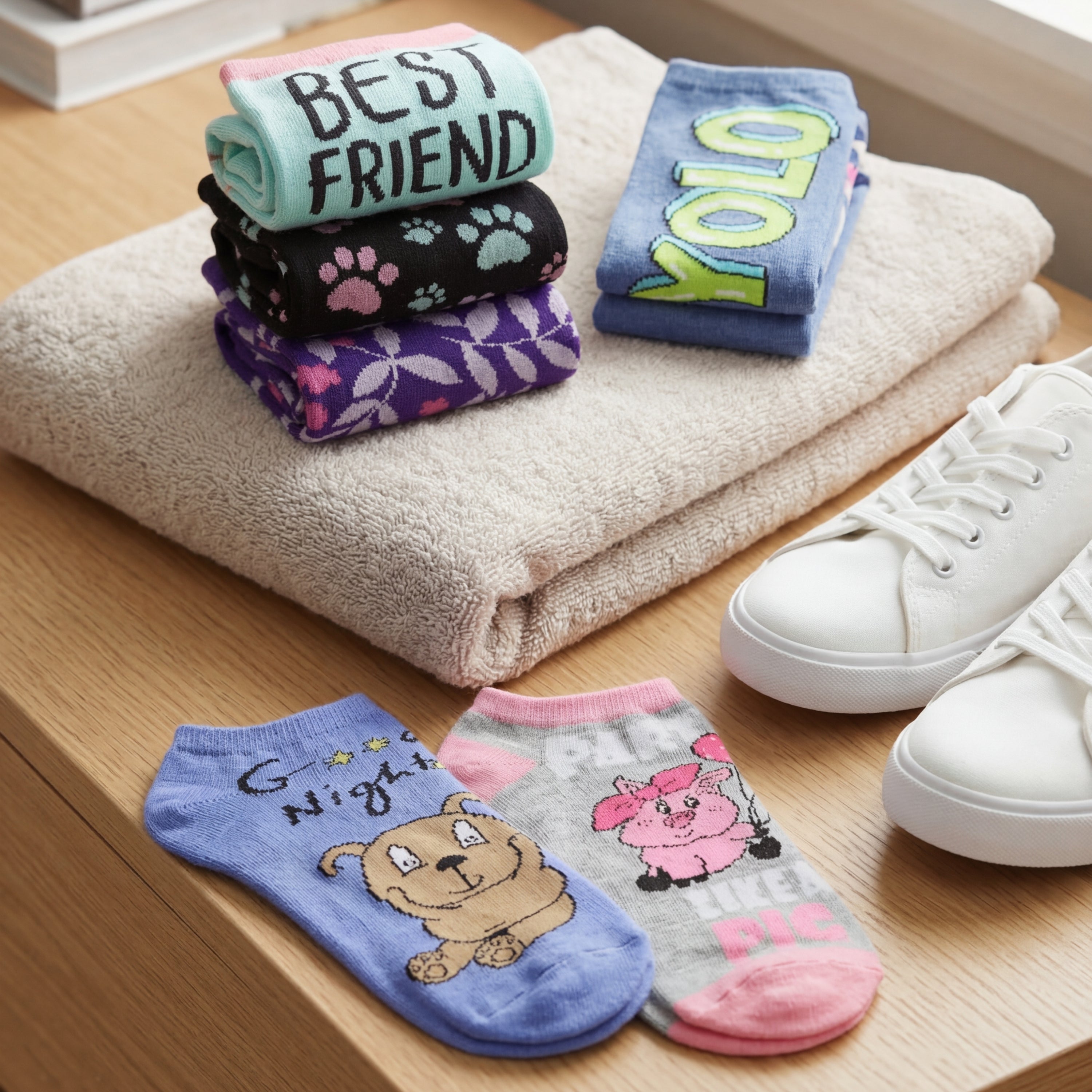 Stack of folded towels with text and designs, next to a pair of white sneakers on a wooden surface.
