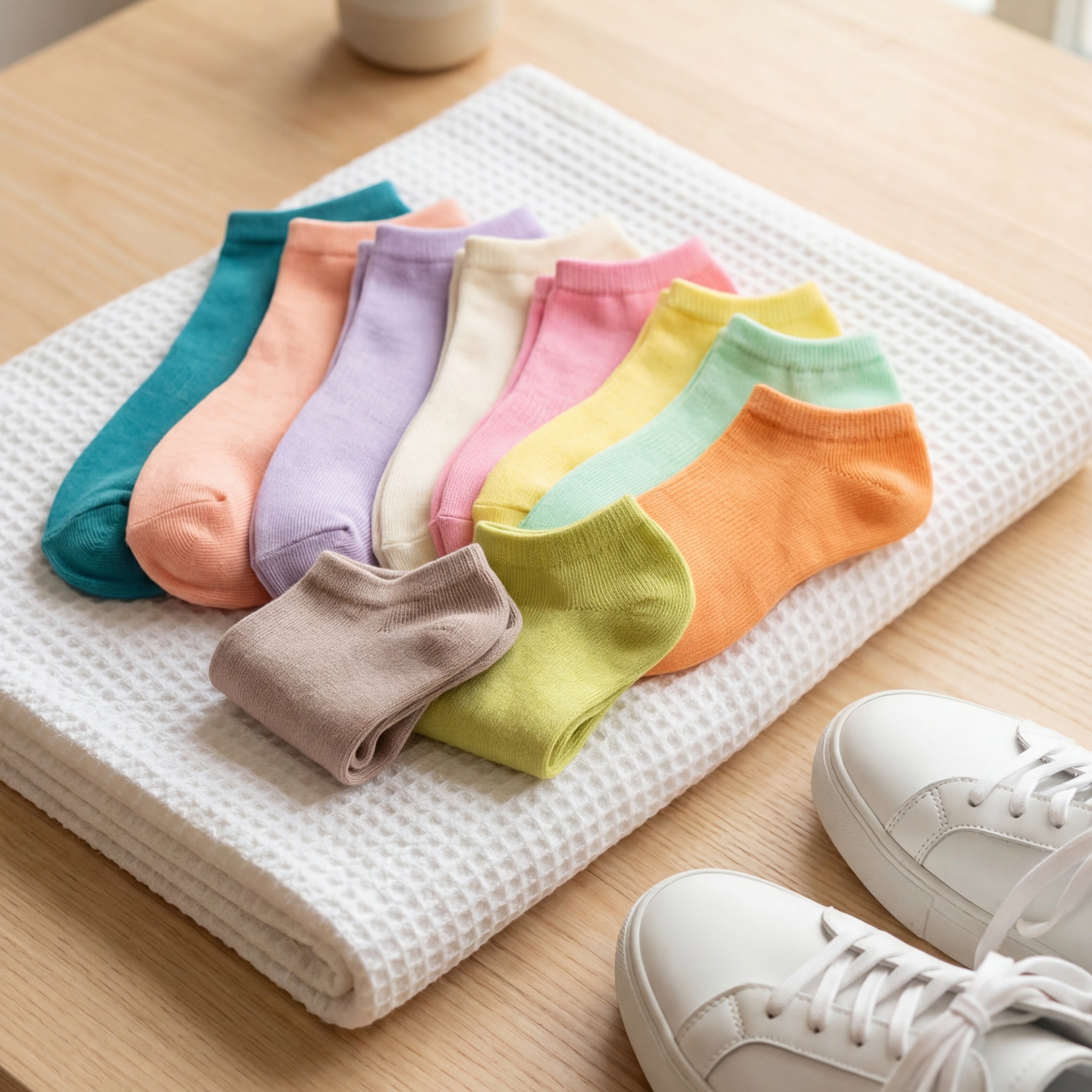 Colorful socks arranged on a white textured mat with white sneakers beside them.