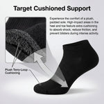 Black sock with cushioned sole and text explaining cushioned support