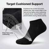 Black sock with cushioned sole and text explaining cushioned support