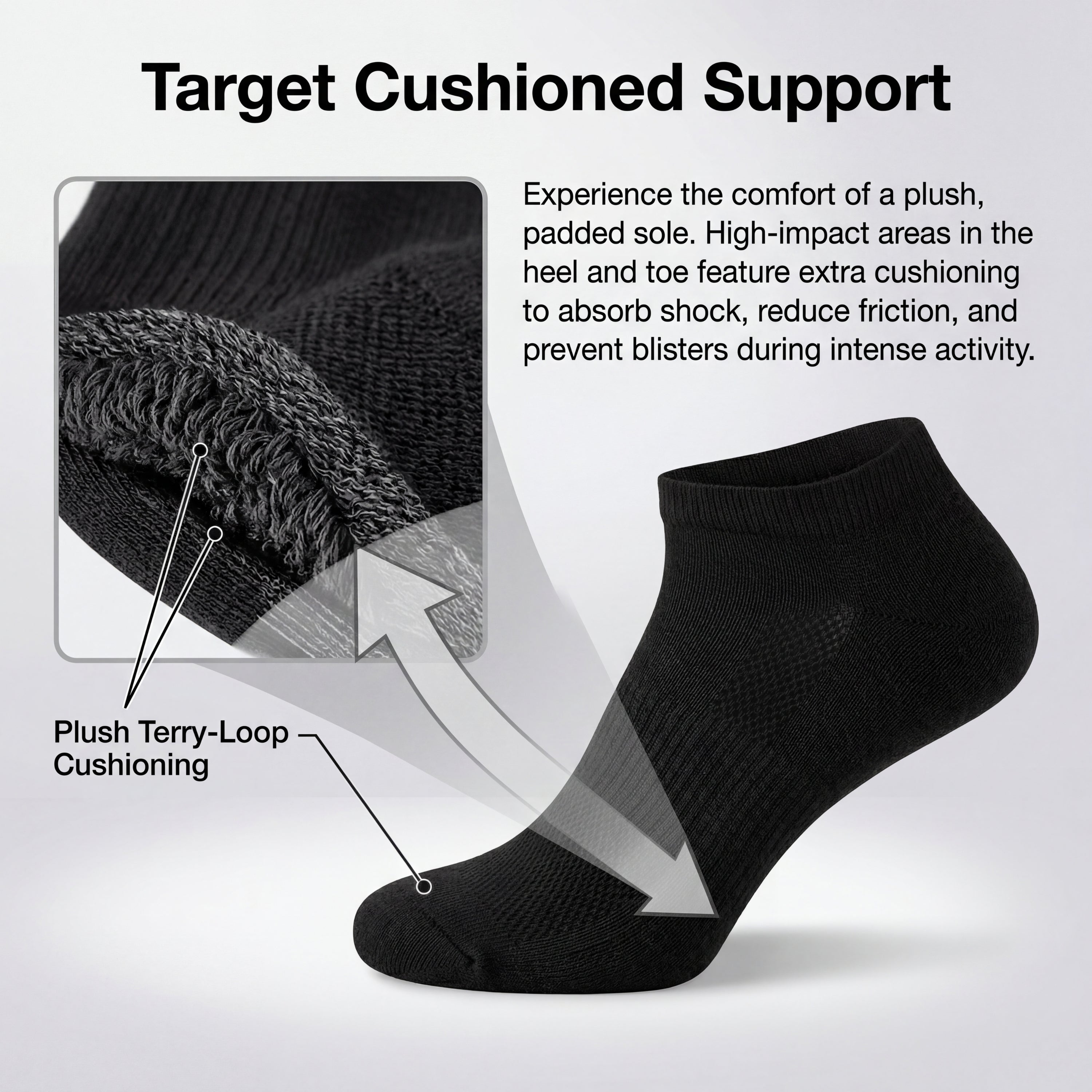 Black sock with cushioned sole and text explaining cushioned support